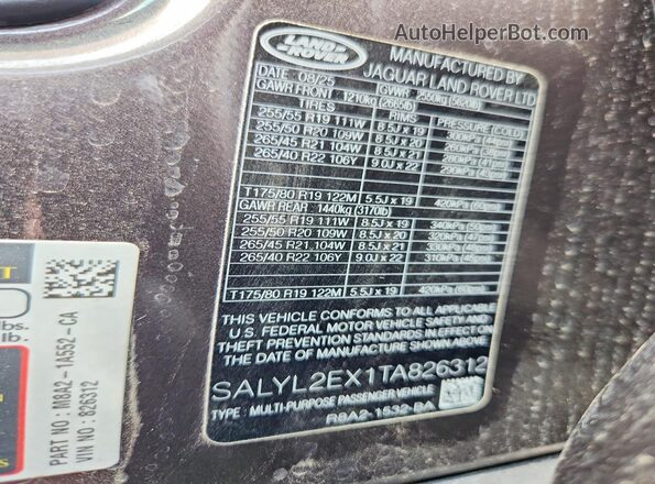SALYL2EX1TA826312 2026 LAND ROVER RANGE Gray Vista de la etiqueta del VIN