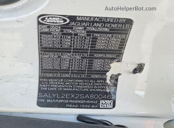 SALYL2EX2SA800462 2025 LAND ROVER RANGE Белый Вид наклейки с VIN-кодом