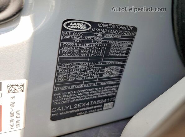 SALYL2EX4TA824179 2026 LAND ROVER RANGE Gray VIN sticker view