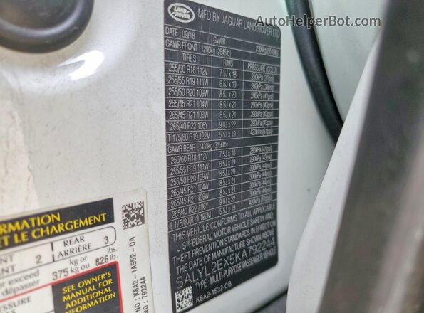 SALYL2EX5KA792244 2019 LAND ROVER RANGE White VIN կոդի պիտակի տեսք