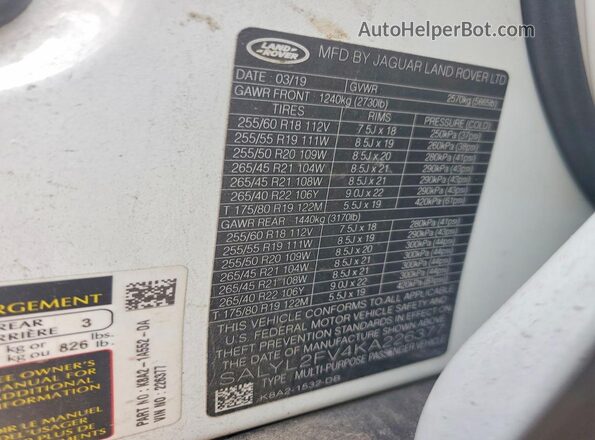 SALYL2FV4KA226377 2019 LAND ROVER RANGE White Vista del compartimento del motor
