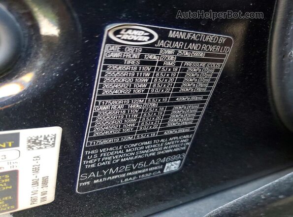 SALYM2EV5LA246993 2020 LAND ROVER RANGE Черный Вид наклейки с VIN-кодом
