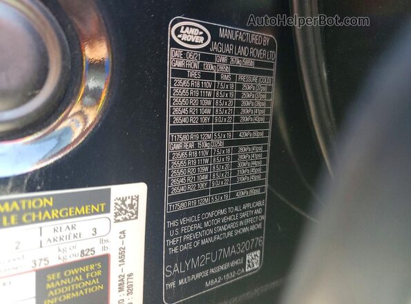 SALYM2FU7MA320776 2021 LAND ROVER RANGE Black Սալոնի 360 աստիճան տեսք