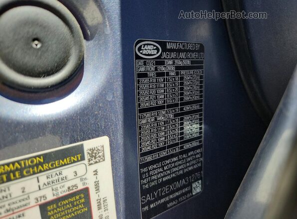 SALYT2EX0MA312761 2021 LAND ROVER RANGE Blue ძრავის განყოფილების ხედი