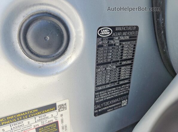 SALYT2EX5MA312321 2021 LAND ROVER RANGE Silver Вид наклейки з VIN-кодом
