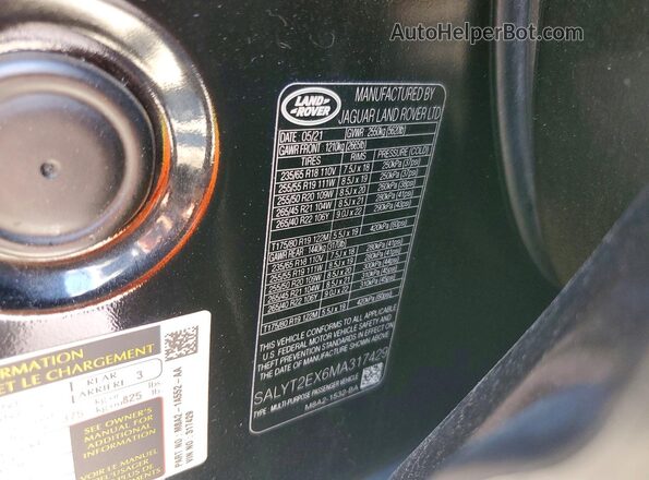 SALYT2EX6MA317429 2021 LAND ROVER RANGE Black VIN კოდის სტიკერის ხედი