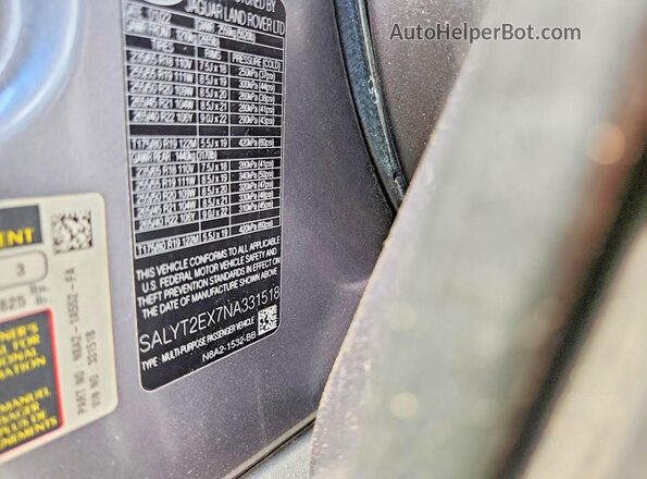 SALYT2EX7NA331518 2022 LAND ROVER RANGE Silver Vista del compartimento del motor