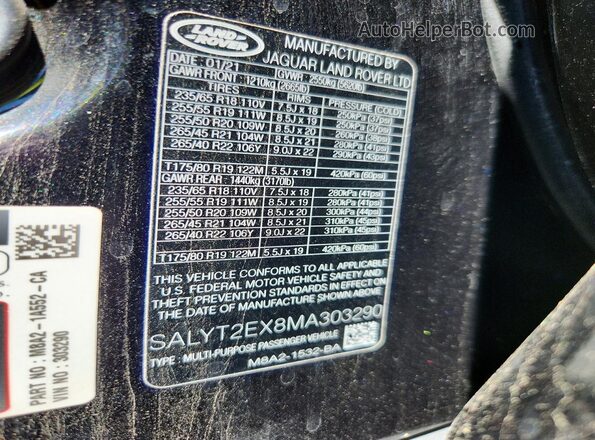 SALYT2EX8MA303290 2021 LAND ROVER RANGE Black Vista interior de 360 grados