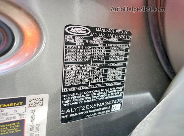 SALYT2EX8NA347470 2022 LAND ROVER RANGE Gray Vista interior de 360 grados