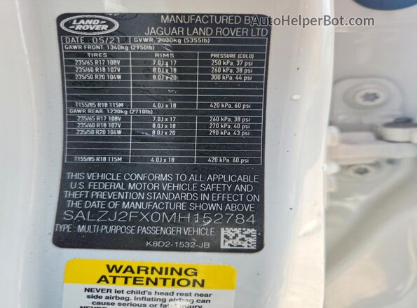 SALZJ2FX0MH152784 2021 LAND ROVER RANGE White ძრავის განყოფილების ხედი