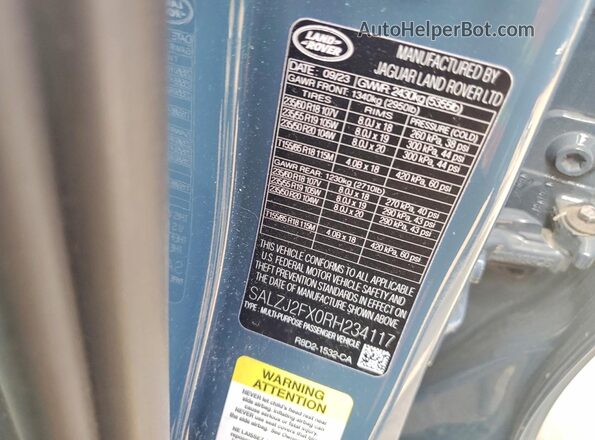 SALZJ2FX0RH234117 2024 LAND ROVER RANGE Синий Вид наклейки с VIN-кодом