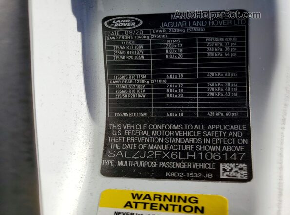 SALZJ2FX6LH106147 2020 LAND ROVER RANGE Белый Панорамный вид салона 360°