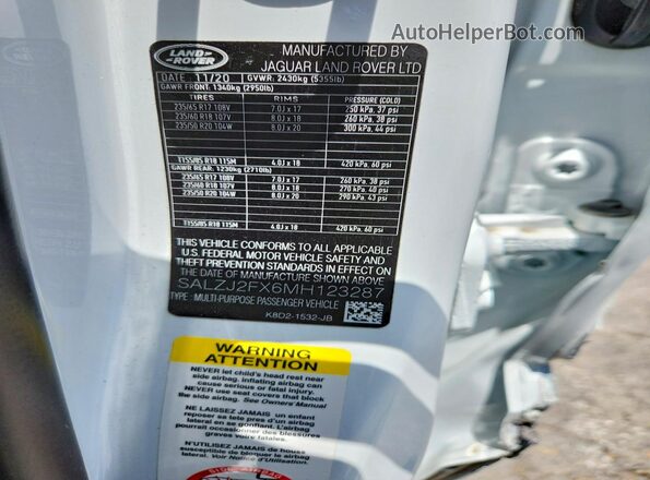 SALZJ2FX6MH123287 2021 LAND ROVER RANGE White Вид наклейки з VIN-кодом