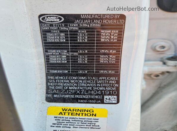 SALZJ2FX7LH041910 2020 LAND ROVER RANGE White VIN კოდის სტიკერის ხედი