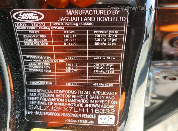 SALZJ2FX7LH116332 2020 LAND ROVER RANGE Black Widok naklejki z numerem VIN