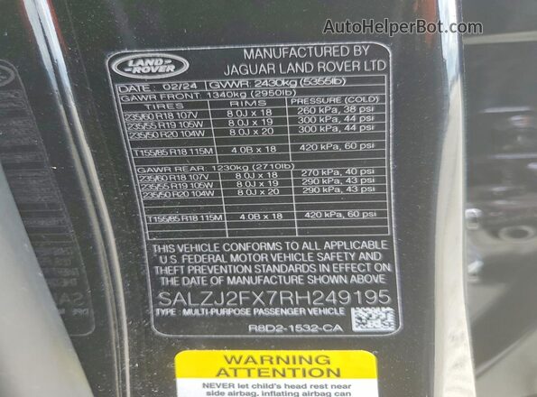 SALZJ2FX7RH249195 2024 LAND ROVER RANGE Black VIN კოდის სტიკერის ხედი