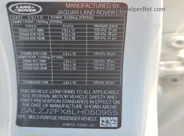 SALZJ2FX8LH050955 2020 LAND ROVER RANGE White Vista interior de 360 grados