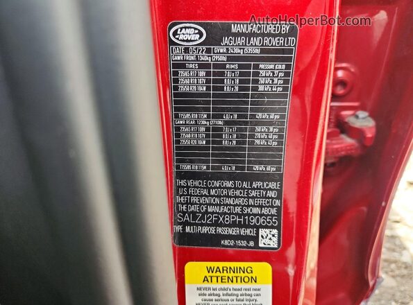 SALZJ2FX8PH190655 2023 LAND ROVER RANGE Red VIN კოდის სტიკერის ხედი