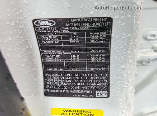 SALZJ2FX9LH070695 2020 LAND ROVER RANGE White VIN կոդի պիտակի տեսք