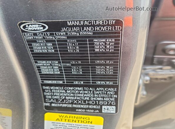 SALZJ2FXXLH018976 2020 LAND ROVER RANGE Gray Widok naklejki z numerem VIN