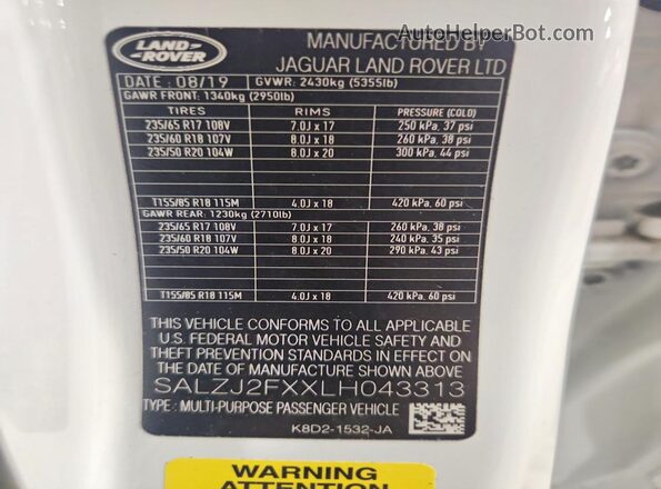 SALZJ2FXXLH043313 2020 LAND ROVER RANGE White Vista interior de 360 grados