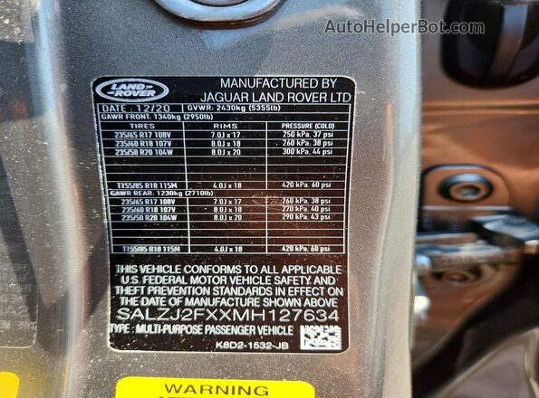 SALZJ2FXXMH127634 2021 LAND ROVER RANGE Серый Вид наклейки с VIN-кодом