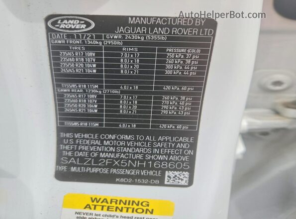 SALZL2FX5NH168605 2022 LAND ROVER RANGE White Vista de la etiqueta del VIN