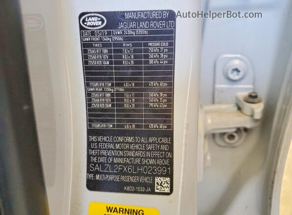 SALZL2FX6LH023991 2020 LAND ROVER RANGE White VIN sticker view