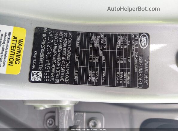 SALZL2GX0LH031986 2020 LAND ROVER RANGE ROVER EVOQUE Silver Vista del compartimento del motor