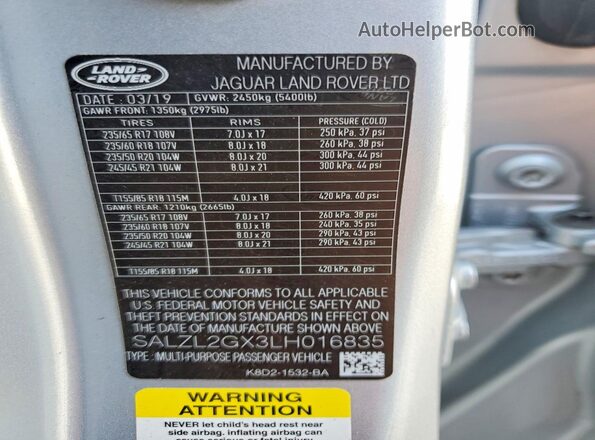 SALZL2GX3LH016835 2020 LAND ROVER RANGE Silver Вид підкапотного простору