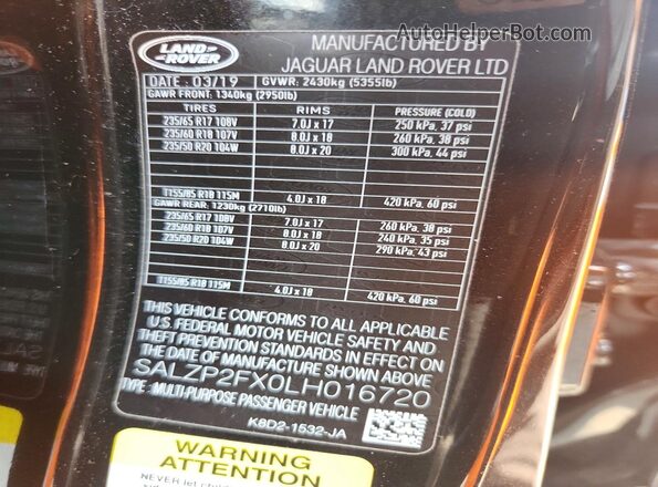 SALZP2FX0LH016720 2020 LAND ROVER RANGE Black Widok naklejki z numerem VIN