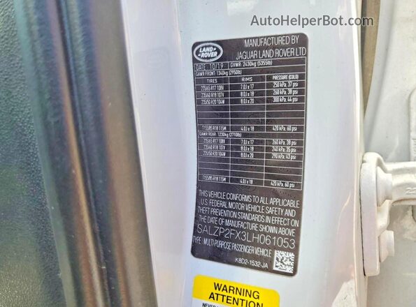 SALZP2FX3LH061053 2020 LAND ROVER RANGE White ძრავის განყოფილების ხედი