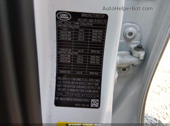SALZP2FX6LH100024 2020 LAND ROVER RANGE ROVER EVOQUE White Vista del compartimento del motor