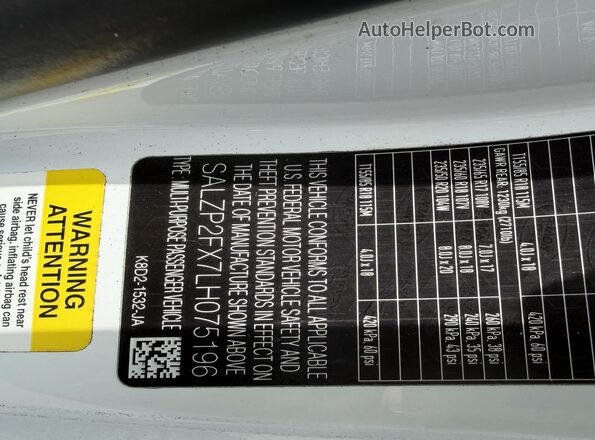 SALZP2FX7LH075196 2020 LAND ROVER RANGE ROVER EVOQUE White Вид наклейки з VIN-кодом