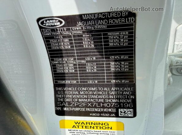 SALZP2FX7LH075196 2020 LAND ROVER RANGE White Հետևի նստատեղերի տեսք