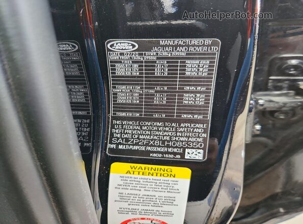 SALZP2FX8LH085350 2020 LAND ROVER RANGE Black VIN sticker view