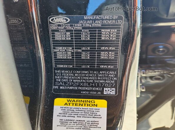 SALZP2FX8LH117827 2020 LAND ROVER RANGE Black VIN კოდის სტიკერის ხედი