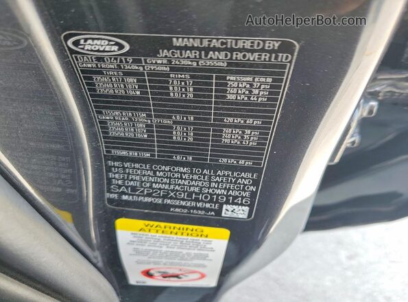 SALZP2FX9LH019146 2020 LAND ROVER RANGE Charcoal VIN კოდის სტიკერის ხედი