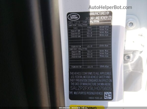 SALZP2FX9LH075605 2020 LAND ROVER RANGE ROVER EVOQUE White Вид підкапотного простору