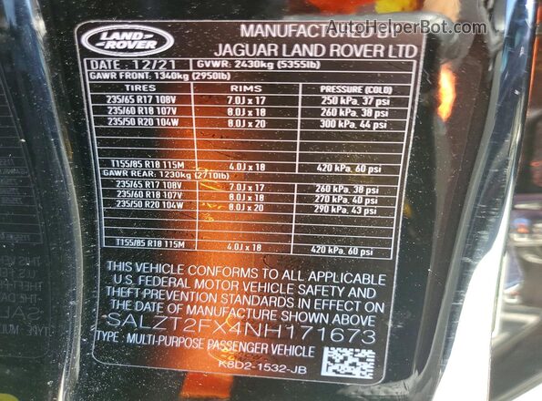 SALZT2FX4NH171673 2022 LAND ROVER RANGE Black Widok naklejki z numerem VIN