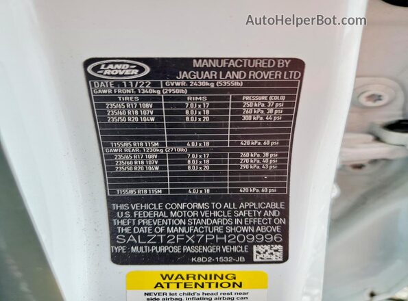 SALZT2FX7PH209996 2023 LAND ROVER RANGE White Vista de la etiqueta del VIN