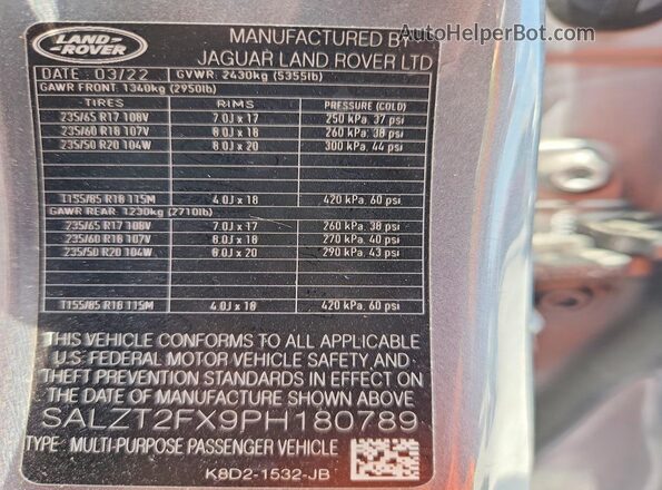SALZT2FX9PH180789 2023 LAND ROVER RANGE Silver Панорамний вид салону 360°
