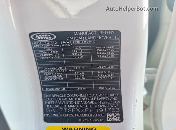 SALZT2FXXPH191753 2023 LAND ROVER RANGE White ძრავის განყოფილების ხედი