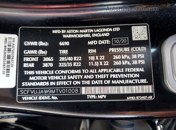 SCFVUJAW9MTV01008 2021 ASTON MARTIN DBX Черный Вид наклейки с VIN-кодом