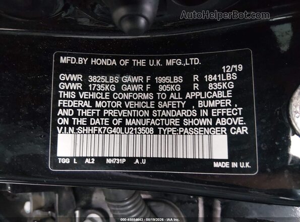 SHHFK7G40LU213508 2020 HONDA CIVIC Black Engine compartment view