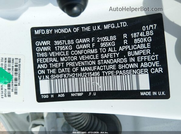 SHHFK7H21HU215496 2017 HONDA CIVIC Белый Вид подкапотного пространства