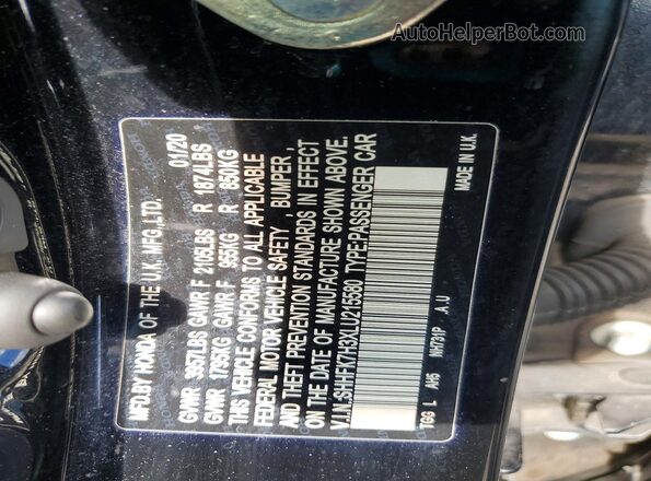 SHHFK7H3XLU215580 2020 HONDA CIVIC Black Вид наклейки з VIN-кодом