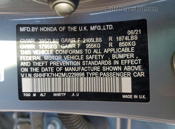 SHHFK7H42MU229998 2021 HONDA CIVIC Gray ძრავის განყოფილების ხედი