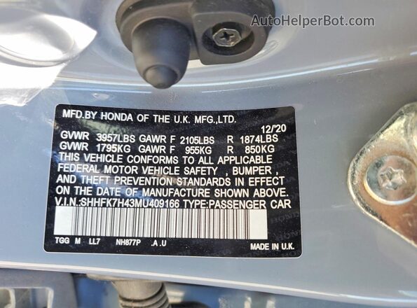 SHHFK7H43MU409166 2021 HONDA CIVIC Blue VIN sticker view