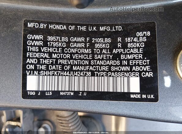SHHFK7H44JU424738 2018 HONDA CIVIC Gray Vista del compartimento del motor